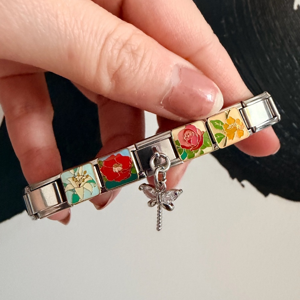 Garden Bloom Italian Charm Bracelet with Dragonfly Dangle – Floral Enamel